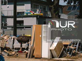 pile of destoyed furniture are seen outside in Erftstadt, Germany on July 21, 2021 after a major flood in Germany. (