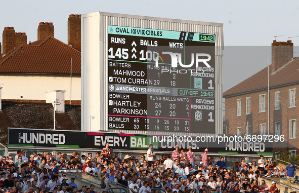 LONDON, ENGLAND - July 22:scoreboard shows Oval Invincible Men  100 balls  during The Hundred between Oval Invincible Men and Manchester Ori...
