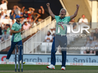 Sam Curran of Oval Invincibles celebrates the catch of Phil Salt of Manchester Originalsduring The Hundred between Oval Invincible Men and M...