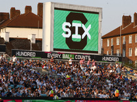 scoreboard shows a six during The Hundred between Oval Invincible Men and Manchester Originals Men at Kia Oval Stadium, in London, UK on 22n...