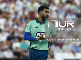 Saqib Mahmood of Oval Invincibles during The Hundred between Oval Invincible Men and Manchester Originals Men at Kia Oval Stadium, in London...