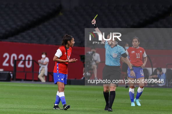 (14) Daniela PARDO of Team Chile is shown a yellow card by Match Referee, STAUBLI Esther during the Women's First Round Group E match betwee...