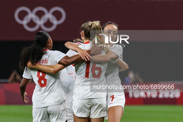 (16) Janine BECKIE of Team Canada celebrating with a first goal with teammates during the Women's First Round Group E match between Chile an...
