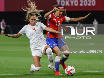 (4) Shelina ZADORSKY of Team Canada battles for possession with (15) Daniela ZAMORA of Team Chile This was the reason for the penalty kick d...