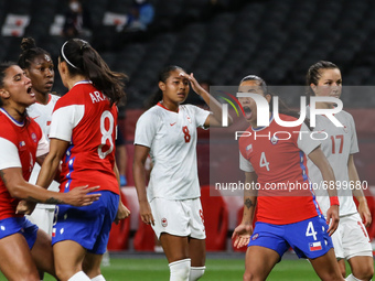 (8) Karen ARAYA of Team Chile celebrating with a first goal with teammates during the Women's First Round Group E match between Chile and Ca...