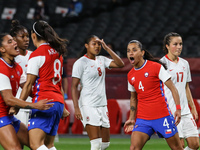 (8) Karen ARAYA of Team Chile celebrating with a first goal with teammates during the Women's First Round Group E match between Chile and Ca...