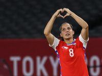 (8) Karen ARAYA of Team Chile celebrating with a first goal make a heart with her hands during the Women's First Round Group E match between...