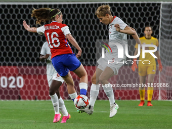 (5) QUINN of Team Canada battles for possession with (16) Rosario BALMACEDA of Team Chile during the Women's First Round Group E match betwe...