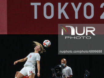 (16) Janine BECKIE of Team Canada kick the ball with her head during the Women's First Round Group E match between Chile and Canada on day o...
