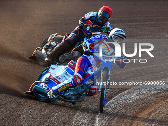  Jake Knight  (White) leads Jack Smith  (Red) during the National Development League match between Belle Vue Colts and Eastbourne Seagulls a...