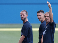 (L-R) Miralem Pjanic, Clement Lenglet, Antoine Griezmann of Barcelona during the warm-up before the pre-season friendly match between FC Bar...