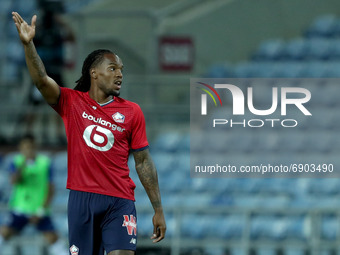 Renato Sanches of Lille OSC gestures during the pre-season friendly football match between FC Porto and Lille OSC at the Algarve stadium in...
