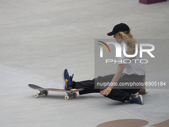 Lore Bruggeman during women's street skateboard at the Olympics at Ariake Urban Park, Tokyo, Japan on July 26, 2021. (