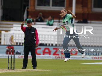 LONDON, ENGLAND - July 25:Tash Farrant of Oval Invincibles Women celebrates LBW on Chloe Tryon of London Spirit Women  during The Hundred be...