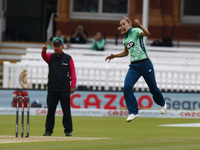 LONDON, ENGLAND - July 25:Tash Farrant of Oval Invincibles Women celebrates LBW on Chloe Tryon of London Spirit Women  during The Hundred be...