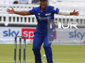 Chloe Tryon of London Spirit Women claims LBW not given during The Hundred between London Spirit Women and Oval Invincible Women at Lord's S...