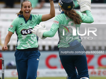 Tash Farrant of Oval Invincibles Women celebrates after bowling out \lws61\  during The Hundred between London Spirit Women and Oval Invinci...