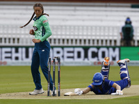 LONDON, ENGLAND - July 25:Deepit Sharma  of London Spirit Women gets run out by Joanne Gardner of Oval Invincibles Women during The Hundred...