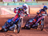  Steve Worrall  (White) leads Luke Becker (Blue) during the SGB Premiership match between Wolverhampton Wolves and Belle Vue Aces at the Lad...