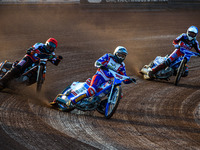 Jake Knight  (White) leads Jack Smith  (Red) and Harry McGurk  (Blue) during the National Development League match between Belle Vue Colts a...
