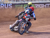 Jack Smith  (Red) leads Richard Andrews  (Yellow) during the National Development League match between Belle Vue Colts and Eastbourne Seagul...