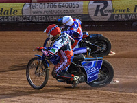Harry McGurk  (Red) inside Jake Knight  (White) during the National Development League match between Belle Vue Colts and Eastbourne Seagulls...
