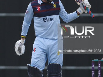 Luke Doneathy of Durham celebrates his maiden senior half-century during the Royal London One Day Cup match between Middlesex County Cricket...