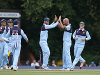 Graham Clark of Durham (l) congratulates Chris Rushworth of Durham on his wicket during the Royal London One Day Cup match between Middlesex...
