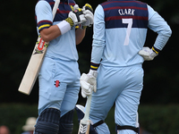 Alex Lees of Durham (l) and Graham Clark of Durham talk during the Royal London One Day Cup match between Middlesex County Cricket Club and...