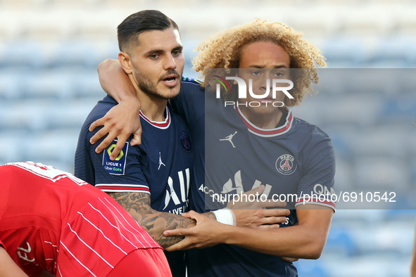 Mauro Icardi of Paris Saint Germain and Xavi Simons of Paris Saint Germain celebrate a goal during the pre-season friendly match between Sev...