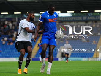 Ipswichs Janoi Donacien and Colchesters Frank Nouble during the Pre-season Friendly match between Colchester United and Ipswich Town at the...