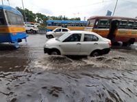 A flooded street at the Heavy monsoon rains in Kolkata on July 28,2021. (