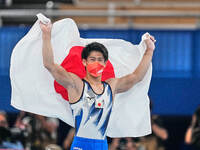 Daiki Hashimoto  of Japan after winning gold in mens all around final in Artistic  Gymnastics final at the Tokyo Olympics at Ariake Gymnasti...