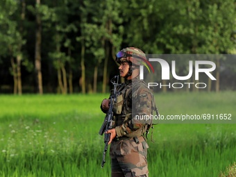An Indian Army Soldier stands alert during a Cordon and Search Operation after suspected militants on Wednesday hurled a grenade towards pol...