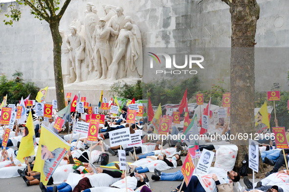Die-in of Kurdish demonstrators in Paris to defend Kurdistan and the PKK against Turkish military attacks in Paris, France, on July 28, 2021...