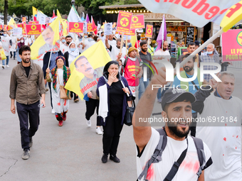 Kurdish demonstrators to defend the PKK in Paris, France, on July 28, 2021. Kurds from all over Europe gathered at the Trocadero, on the Hum...