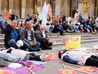 Die-in of Kurdish demonstrators to defend the PKK in Paris, France, on July 28, 2021. Kurds from all over Europe gathered at the Trocadero,...