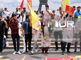 Kurdish demonstrators in front of the Eiffel Tower to defend the PKK in Paris, France, on July 28, 2021. Kurds from all over Europe gathered...