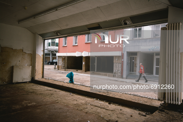 a empty store without glass windows are seen in Stolberg, Germany on July 28, 2021 
