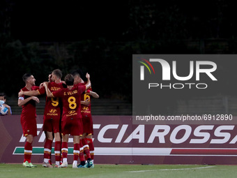 Gianluca Mancini of AS Roma celebrates with teammates after scoring during an international club friendly football match between AS Roma and...