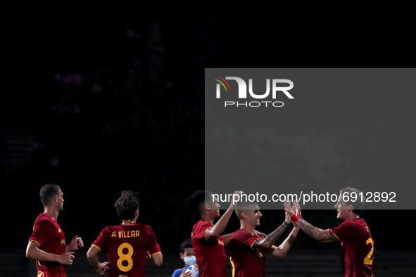 Gianluca Mancini of AS Roma (2nd R ) celebrates with teammates after scoring during an international club friendly football match between AS...