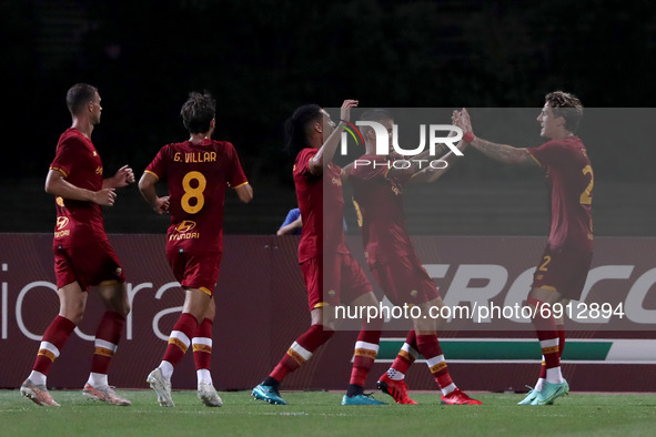 Gianluca Mancini of AS Roma (2nd R ) celebrates with teammates after scoring during an international club friendly football match between AS...
