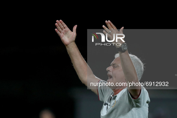 AS Roma's head coach Jose Mourinho reacts during an international club friendly football match between AS Roma and FC Porto at the Bela Vist...