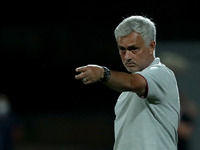 AS Roma's head coach Jose Mourinho gestures during an international club friendly football match between AS Roma and FC Porto at the Bela Vi...