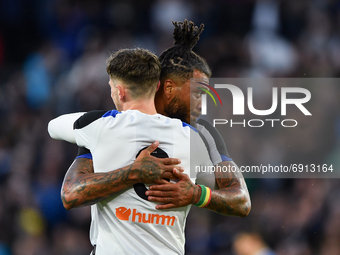 
Colin Kazim-Richards of Derby County hugs Max Bird of Derby County after scoring a goal to make it 1-0 during the Pre-season Friendly match...