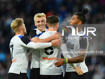 
The Rams celebrate after Max Bird of Derby County scores a goal to make it 1-0 during the Pre-season Friendly match between Derby County an...