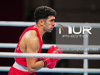 Younes Neouchi from Algeria during pre final boxing knock out rounds at Kokugikan arena at the Tokyo Olympics, Tokyo, Japan on July 28, 2021...