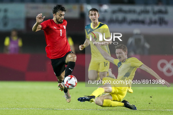 (7) Salah Mohsen  of Team Egypt is challenged by (3) Kye Rowles of Team Australia during the Men's Group C match between Australia and Egypt...