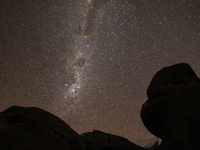The Milky Way appears in the sky above geological limestone formations in Castle Hill, Canterbury, New Zealand on July 29, 2021. These limes...