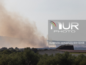 29/07/2021 Cuggioni, Oristano  Italy.
 The wildfires seen from the Nuraghe Losa.  Many fires have broken out in the central area of Sardinia...